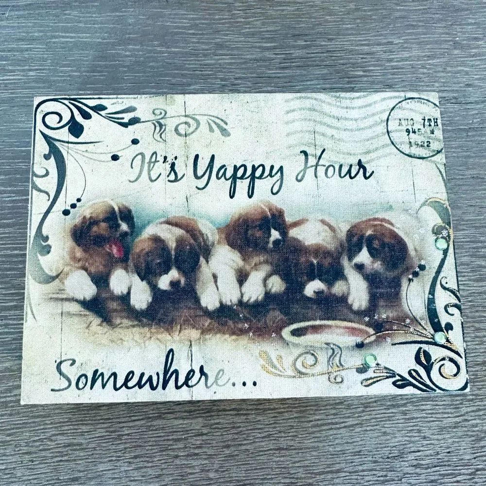 Vintage Puppy Dog Postcard Happy Hour Yappy Hour Decor Sign
